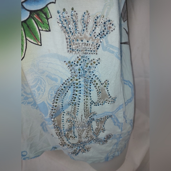 Christian Audigier Blue Mens XXL T-Shirt Embellished crossed finger and lily - Picture 2 of 4